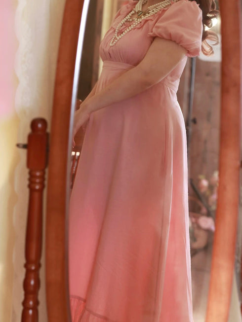 Pink Regency Era Dress with Ruffled Neckline and Puff Sleeves – Bridgerton Inspired Dress Plus Size